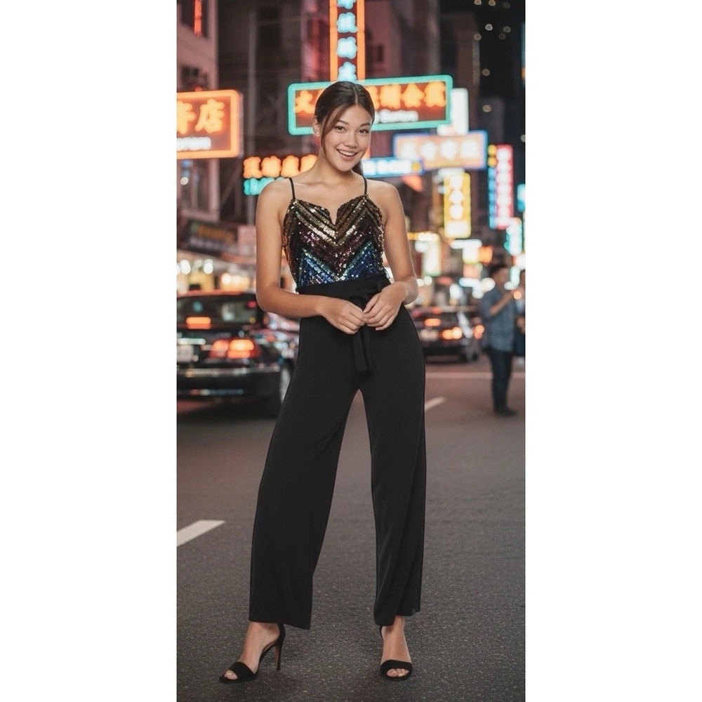 One Piece Almost Famous Sequin Cami Formal Jumpsuit With Lace Trim Black Medium